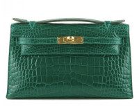 Миниатюрная сумка Hermes Kelly Pochette Emerald Shiny из кожи аллигатора